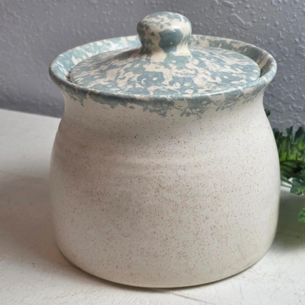 Vintage Ceramic Canister Jar Lid Pink Blue Tulips‎ Floral Design Kitchen Storage